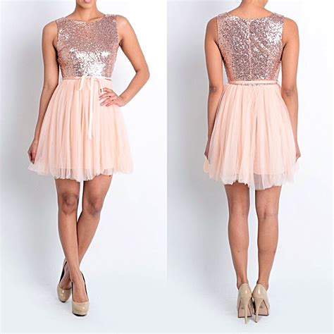 Affordable Short Sequin Rose Gold Bridesmaid Dress Tulle Party Dress