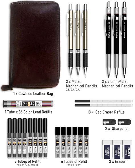 Nicpro 29pcs Art Mechanical Pencils Set In Leather Case Metal Draftin