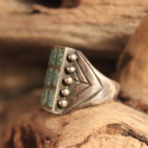 Large Mens Ring Navajo Sterling Silver Turquoise Chip Inlay Ring Heavy