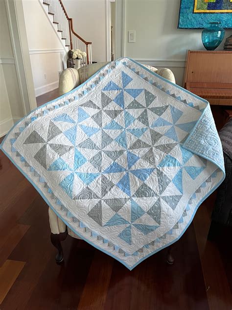 Baby Boy Pinwheel Quilt With Prairie Points With Watercolor Check