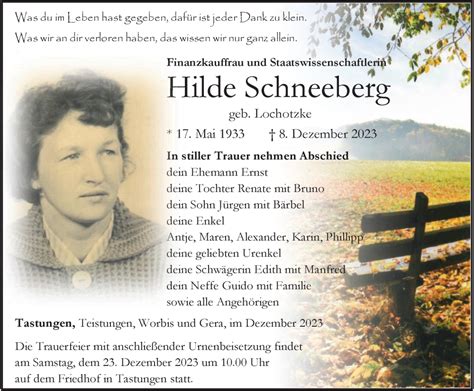 Traueranzeigen Von Hilde Schneeberg Trauer In Thueringen De