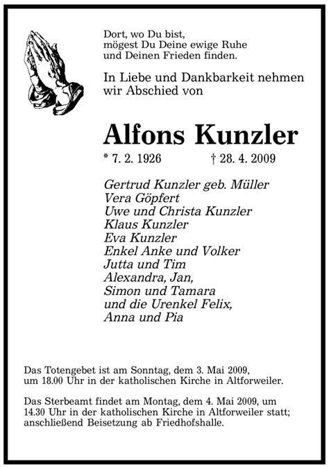 Traueranzeigen Von Alfons Kunzler Saarbruecker Zeitung Trauer De