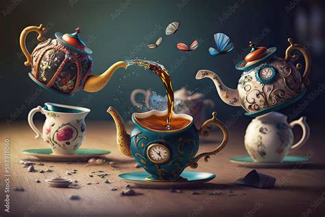 Scene From Alice In Wonderland With Flying Teapots And Cups Stock