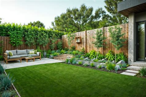 Modern-style Designed Outdoor Garden With Garden Plants And Grass And ...