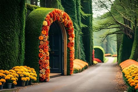 Premium Photo | A garden with a tunnel that says " flowers " on the wall.