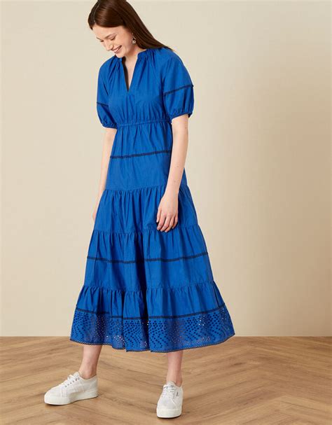 Tiered Midi Dress In Pure Cotton Blue Day Dresses Monsoon Global