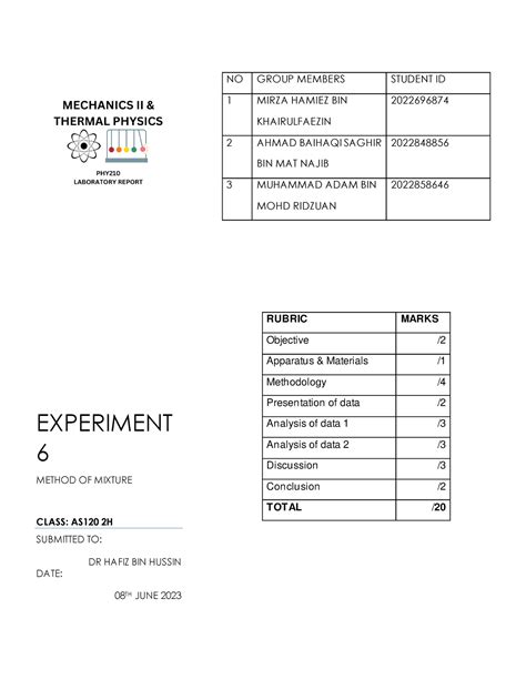 Lab Rep Exp 6 Lab Report RUBRIC MARKS Objective Apparatus