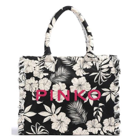 Pinko Borsa Canvas Beach Bag Nero Burro Donna Elsa Boutique