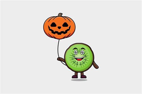 Premium Vector Cute Cartoon Kiwi Fruit Floating With Pumpkin