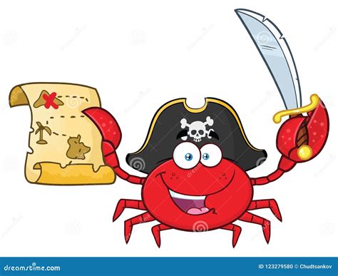 Pirate Crab Cartoon Mascot Character Holding A Treasure Map And Sword