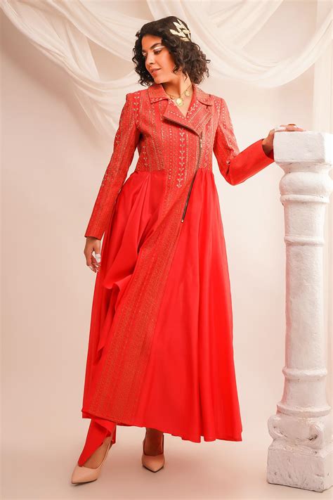 Buy Coral Silk Chanderi Embroidery Geometric Bodice Anarkali And Pant