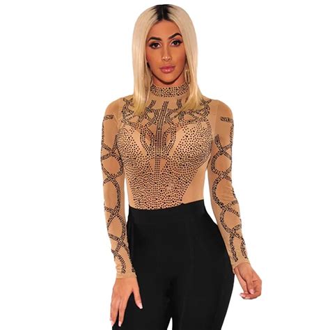 Fleepmart Sexy Gold Diamond Sheer Mesh Bodysuit Women Long Sleeve