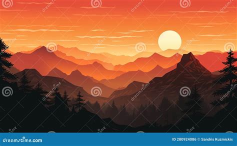 A Vector Drawing of a Landscape with Mountains in a Sunset. Generative AI Stock Illustration ...