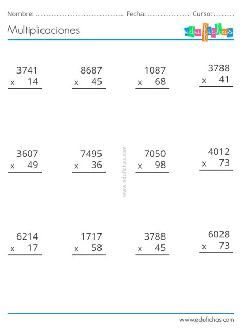 Ejercicios De Multiplicaciones Cuarto Grado