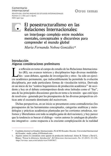 PDF El Posestructuralismo En Las Relaciones Internacionales Un