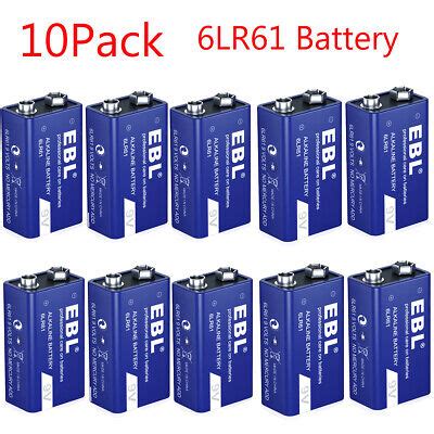 10x 9 Volt 6LR61 Alkaline Batteries Cells Bulk New EXP 12 2029 EBL 9V