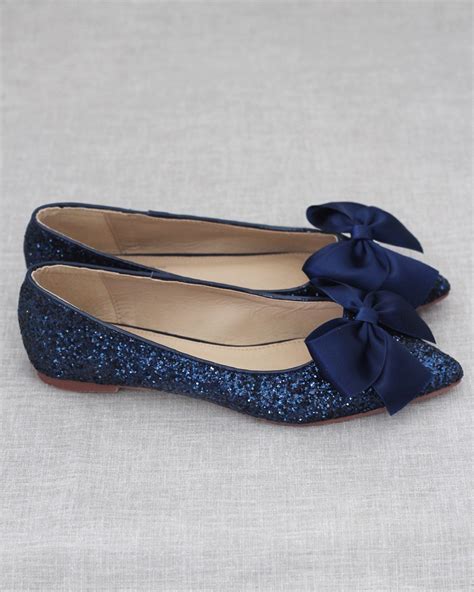 Navy Blue Rock Glitter Pointy Toe Flats With Oversized Satin Etsy