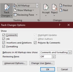 MS Word Cómo ocultar los comentarios de los cambios de seguimiento