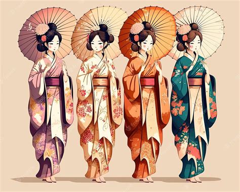 Grupo De Chicas Anime Manga En Traje De Kimono Tradicional Japonés Con