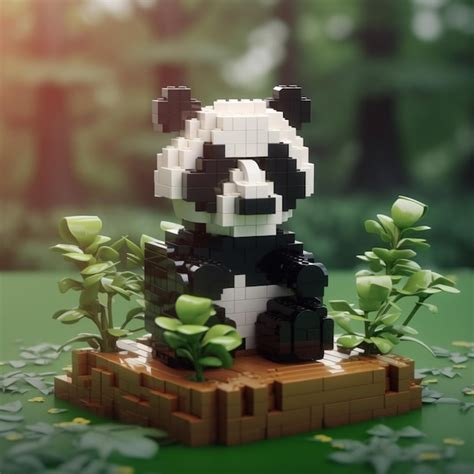 Premium AI Image | A lego panda bear is sitting on a piece of wood.