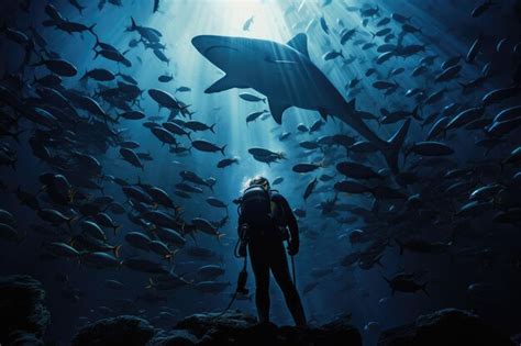 Premium Photo | Scuba diver swimming underwater with sharks