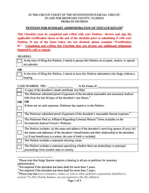 Fillable Online PETITION FOR SUMMARY ADMINISTRATION OF TESTATE ESTATE 1