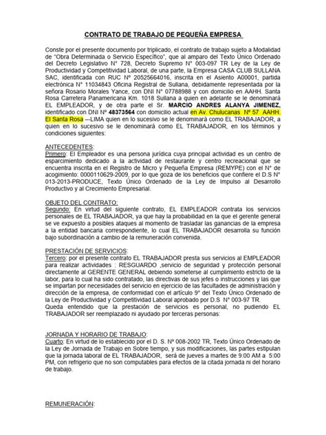 Contrato De Trabajo De Mype Pdf Derecho Laboral Salario