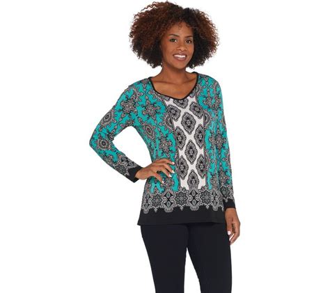 Susan Graver Printed Liquid Knit Long Sleeve Tunic — Long