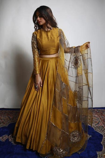 Buy Gold Lehenga And Blouse Dupion Silk Embroidered Zari Round Neck Set