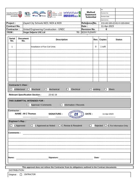 method statement submittal