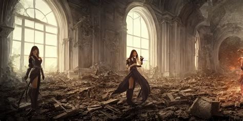 Beautiful Female Witches Exploring Scorched Ruins Of Stable Diffusion