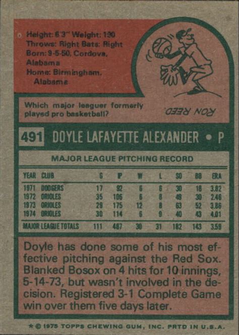 Topps Baltimore Orioles Baseball Card Doyle Alexander Ex Mt