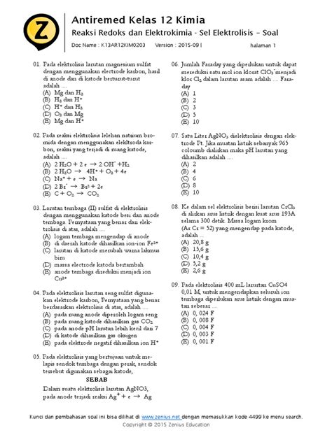 Latihan Soal Reaksi Redoks Dan Elektrokimia Pdf Pdf