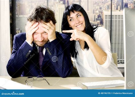 Woman Making Fun Of Sad Business Man Stock Image Image Of White