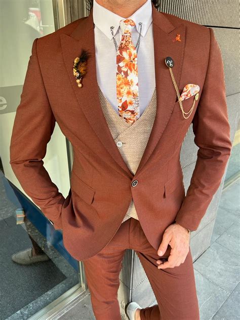 Aysoti Saxonwood Rust Slim Fit Peak Lapel Combination Suit Aysotiman