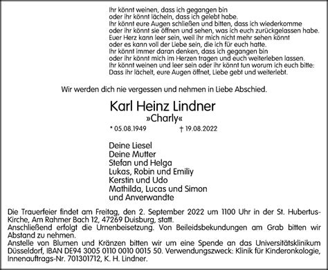 Traueranzeigen Von Karl Heinz Lindner Trauer In NRW De