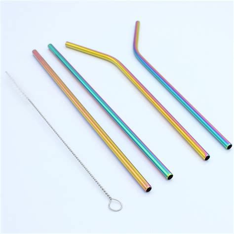 15 Piece Reusable Drinking Metal Straws Set Reflective Rainbow Colored