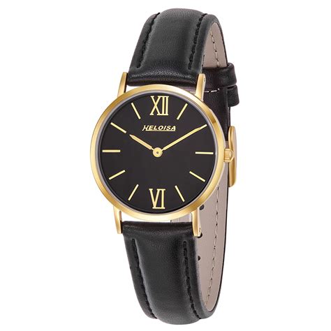 Black Leather Band with Black Dial Round Golden Case Watch For Women ...