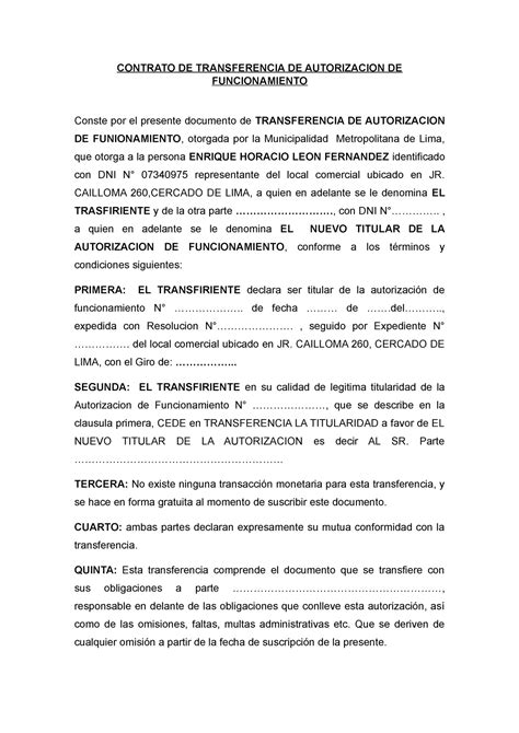 Contrato De Transferencia De Autorizacion De Funcionamiento Contrato