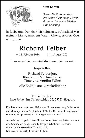 Traueranzeigen Von Richard Felber WirTrauern