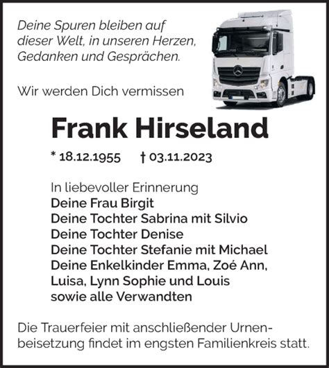 Traueranzeigen Von Frank Hirseland M Rkische Onlinezeitung Trauerportal