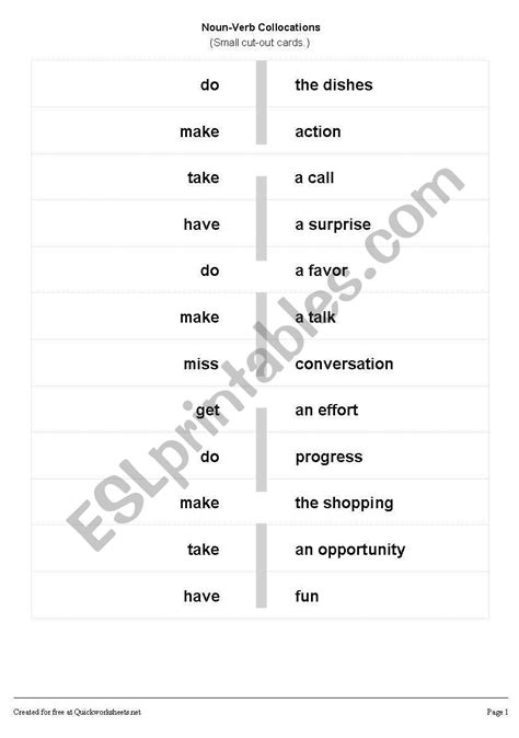 English Worksheets Noun Verb Collocations Matching Cards