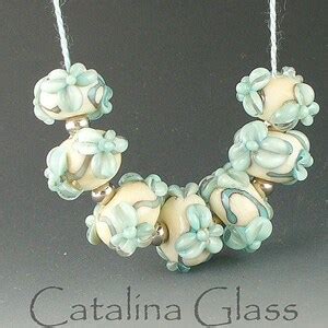 Lampwork Glass Beads Ivory And Copper Green SRA Handmade By Catalina