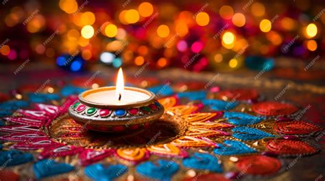 Premium AI Image | Diya placed in middle of colorful rangoli happy ...