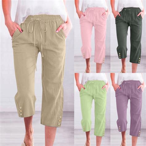 Cflvaek Cotton Linen Capri Pants For Women Plus Size Straight Wide Leg