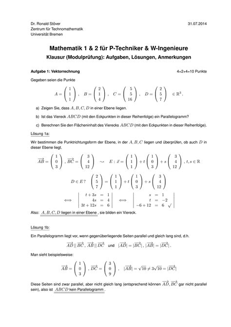 Solution Mathe Modulklausur St Ver Studypool