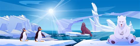 Ilustración De Oso En Un Iceberg Cerca Del Paisaje De Pingüinos Y Focas Y Más Vectores Libres De