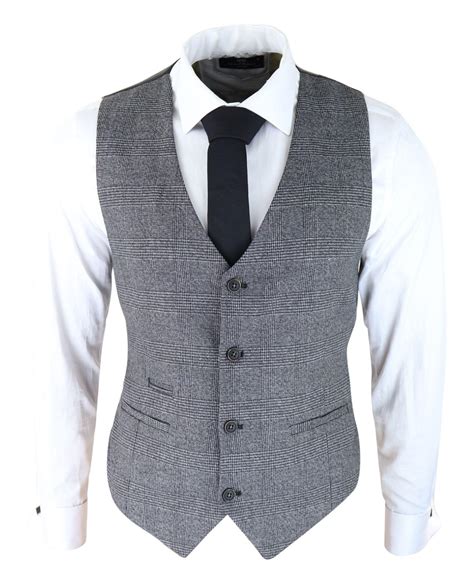 Mens Classic Waistcoat Prince Of Wales Check Grey Slim Fit Vintage