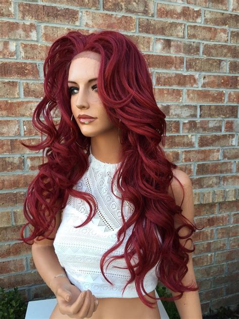 Billy Long Dark Red Voluminous Curls Human Hair Blend Multi Parting Lace Front Wig 26 Dyed