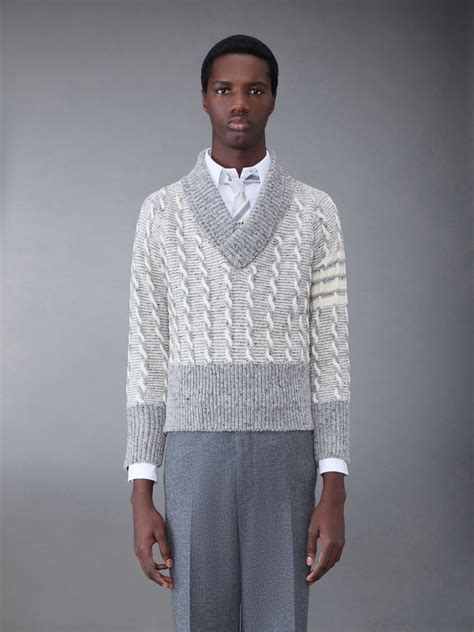 Donegal Bicolor Twist Cable Bar Shawl Neck Pullover Thom Browne